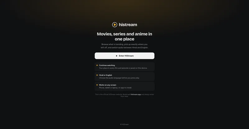 HiStream landing page: movies, series and anime in one place