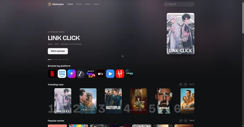HiStream trending now section with browse by platform row
